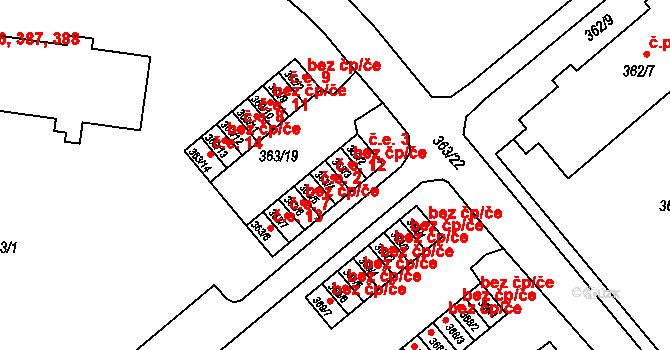 Rousínov 12 na parcele st. 363/4 v KÚ Rousínov u Vyškova, Katastrální mapa