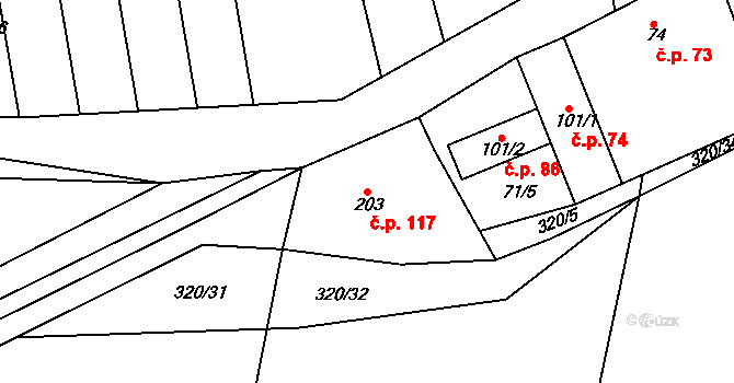 Milonice 117 na parcele st. 203 v KÚ Milonice, Katastrální mapa