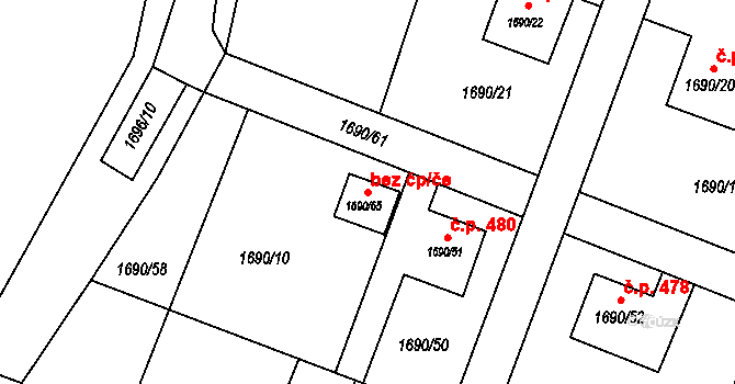 Hať 43760716 na parcele st. 1690/65 v KÚ Hať, Katastrální mapa