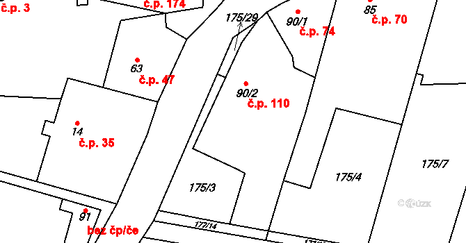 Lešany 110, Nelahozeves na parcele st. 90/2 v KÚ Lešany u Nelahozevsi, Katastrální mapa