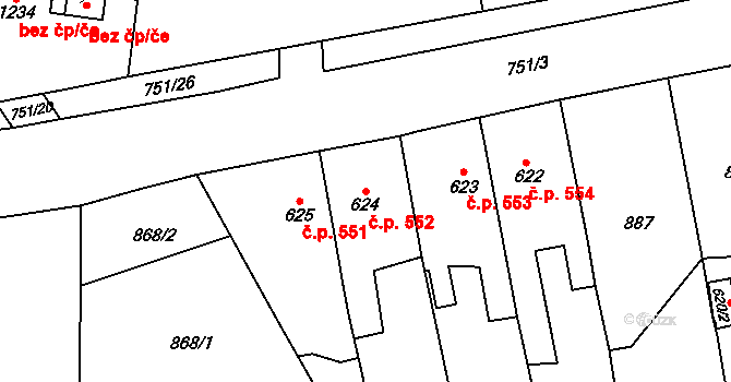 Svítkov 552, Pardubice na parcele st. 624 v KÚ Svítkov, Katastrální mapa