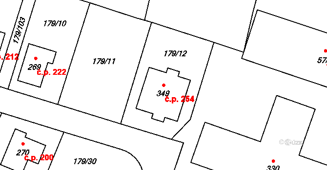 Břežany II 254 na parcele st. 349 v KÚ Břežany II, Katastrální mapa