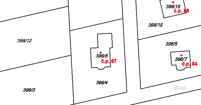 Blazice 87 na parcele st. 396/8 v KÚ Blazice, Katastrální mapa