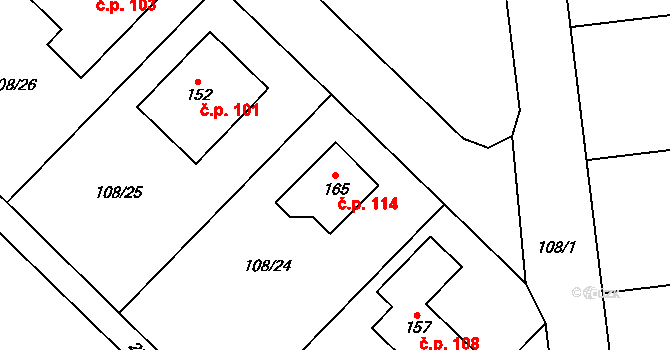 Chmeliště 114, Vavřinec na parcele st. 165 v KÚ Chmeliště, Katastrální mapa