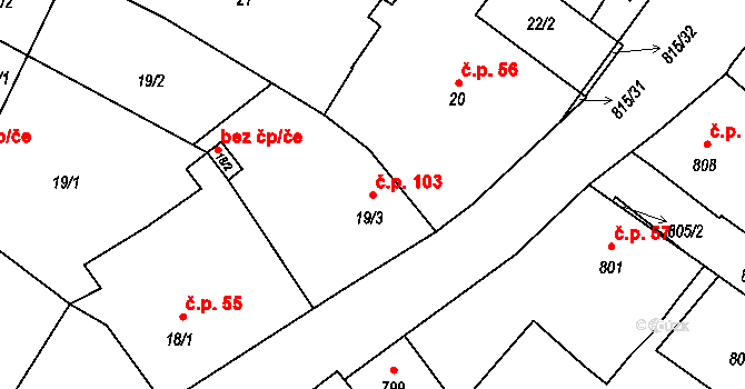 Týnec 103 na parcele st. 19/3 v KÚ Týnec na Moravě, Katastrální mapa