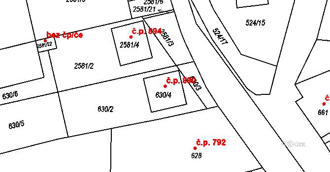 Koryčany 890 na parcele st. 630/4 v KÚ Koryčany, Katastrální mapa