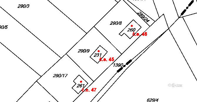 Žopy 45, Holešov na parcele st. 231 v KÚ Žopy, Katastrální mapa