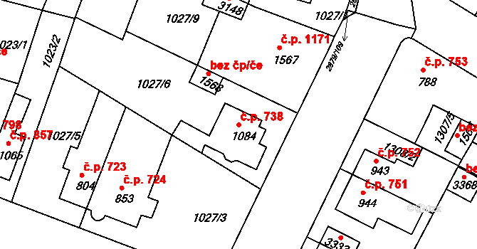 Bystřice pod Hostýnem 738 na parcele st. 1084 v KÚ Bystřice pod Hostýnem, Katastrální mapa