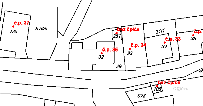 Čunín 35, Konice na parcele st. 32 v KÚ Čunín, Katastrální mapa