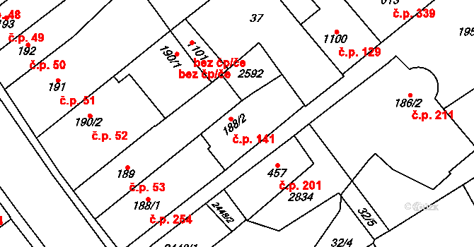 Čáslav-Staré Město 141, Čáslav na parcele st. 188/2 v KÚ Čáslav, Katastrální mapa