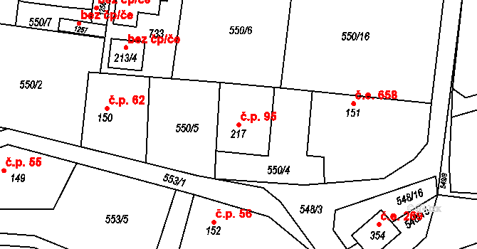 Kamenný Újezdec 95, Kamenný Přívoz na parcele st. 217 v KÚ Kamenný Přívoz, Katastrální mapa