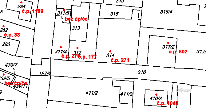 Kosmonosy 271 na parcele st. 314 v KÚ Kosmonosy, Katastrální mapa