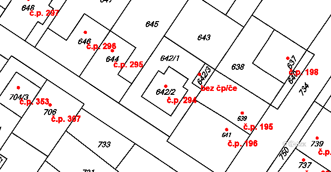 Křelov 294, Křelov-Břuchotín na parcele st. 642/2 v KÚ Křelov, Katastrální mapa