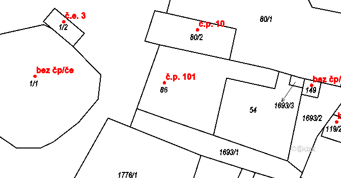 Malešov 101, Hoštka na parcele st. 86 v KÚ Malešov u Hoštky, Katastrální mapa