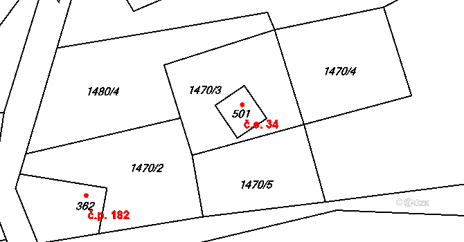 Solanec pod Soláněm 34, Hutisko-Solanec na parcele st. 501 v KÚ Solanec pod Soláněm, Katastrální mapa
