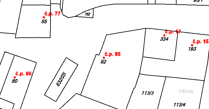 Dymokury 85 na parcele st. 92 v KÚ Dymokury, Katastrální mapa