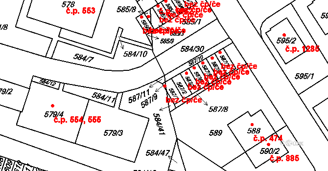 Komín 877, Brno na parcele st. 587/1 v KÚ Komín, Katastrální mapa