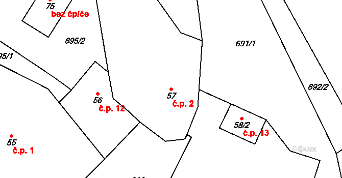 Ostrý 2, Stránka na parcele st. 57 v KÚ Ostrý, Katastrální mapa