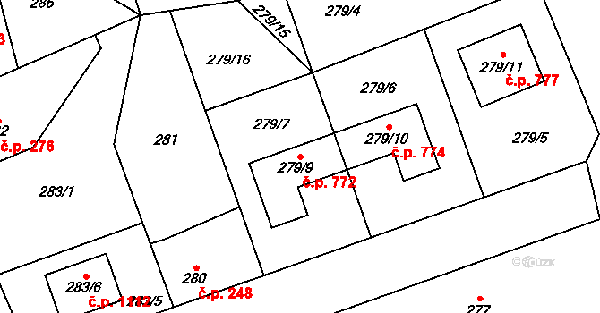 Řeporyje 772, Praha na parcele st. 279/9 v KÚ Řeporyje, Katastrální mapa