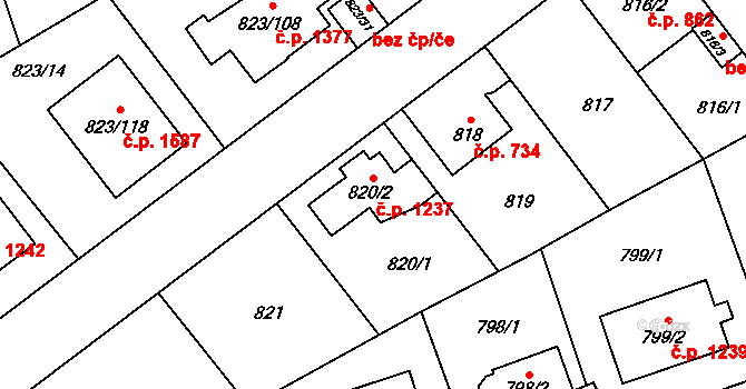 Radotín 1237, Praha na parcele st. 820/2 v KÚ Radotín, Katastrální mapa