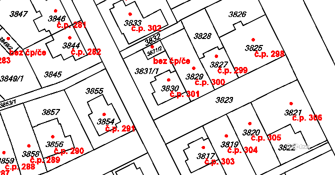 Záběhlice 301, Praha na parcele st. 3830 v KÚ Záběhlice, Katastrální mapa