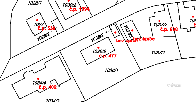 Kunratice 477, Praha na parcele st. 1036/3 v KÚ Kunratice, Katastrální mapa