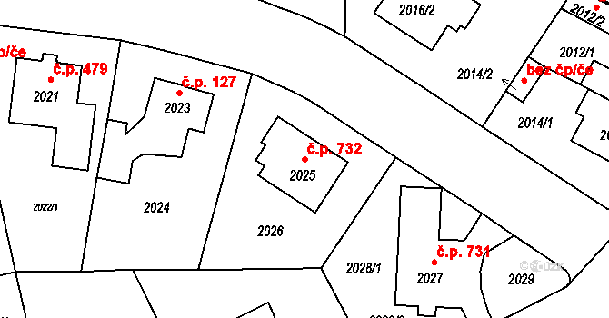 Ruzyně 732, Praha na parcele st. 2025 v KÚ Ruzyně, Katastrální mapa