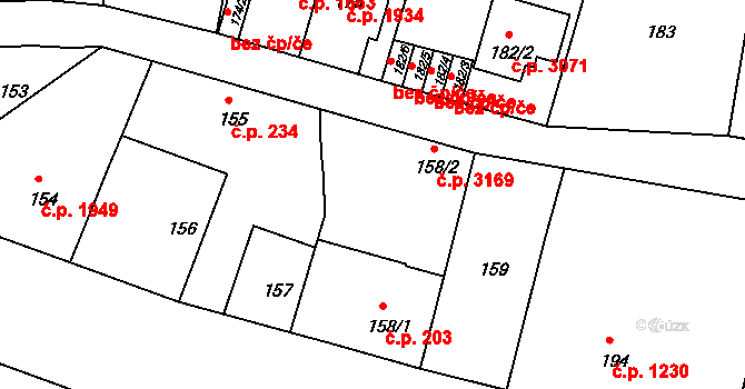 Záběhlice 3169, Praha na parcele st. 158/2 v KÚ Záběhlice, Katastrální mapa