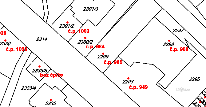 Chomutov 965 na parcele st. 2299 v KÚ Chomutov I, Katastrální mapa