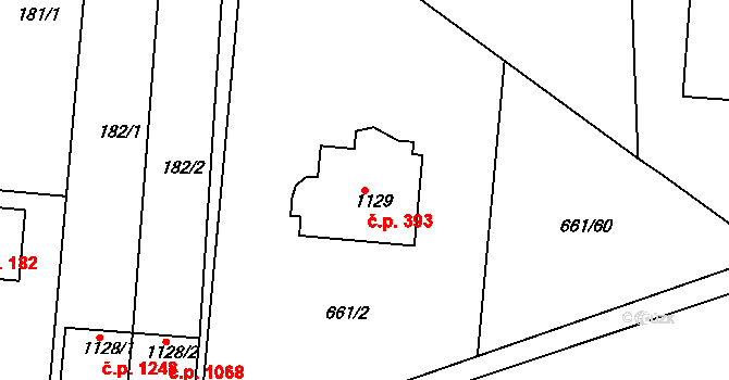 Rosice 393 na parcele st. 1129 v KÚ Rosice u Brna, Katastrální mapa