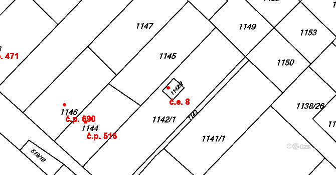 Kuřim 8 na parcele st. 1142/2 v KÚ Kuřim, Katastrální mapa