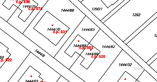 Štípa 562, Zlín na parcele st. 1444/88 v KÚ Štípa, Katastrální mapa