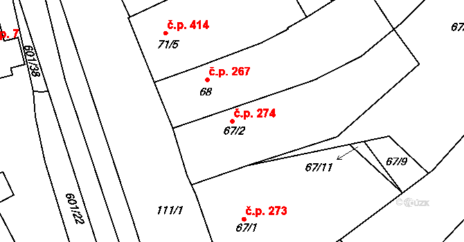 Buchlovice 274 na parcele st. 67/2 v KÚ Buchlovice, Katastrální mapa
