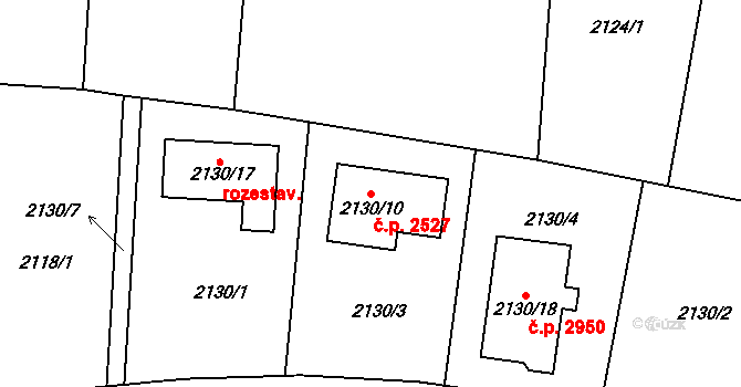 Horní Počernice 2527, Praha na parcele st. 2130/10 v KÚ Horní Počernice, Katastrální mapa