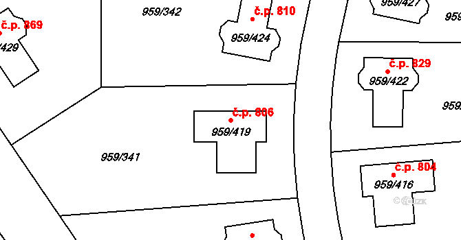 Průhonice 806 na parcele st. 959/419 v KÚ Průhonice, Katastrální mapa