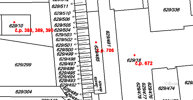 Letňany 706, Praha na parcele st. 629/485 v KÚ Letňany, Katastrální mapa
