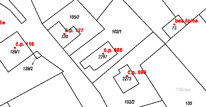 Jílové u Prahy 585 na parcele st. 2287 v KÚ Jílové u Prahy, Katastrální mapa