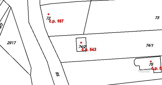 Hlubočky 543 na parcele st. 74/2 v KÚ Hlubočky, Katastrální mapa