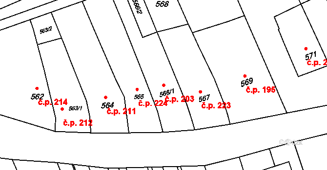 Kobeřice u Brna 203 na parcele st. 566/1 v KÚ Kobeřice u Brna, Katastrální mapa