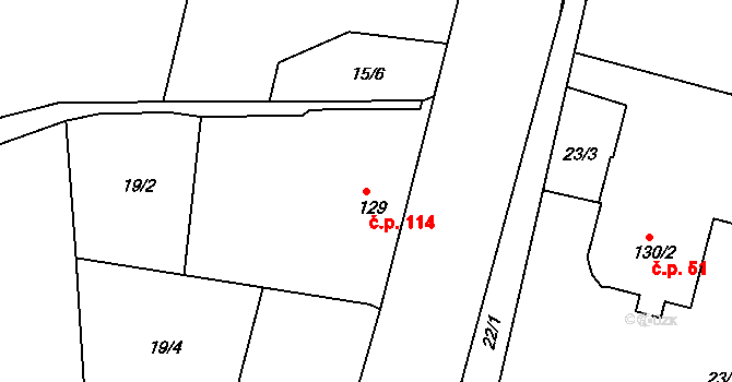 Čimelice 114 na parcele st. 129 v KÚ Čimelice, Katastrální mapa