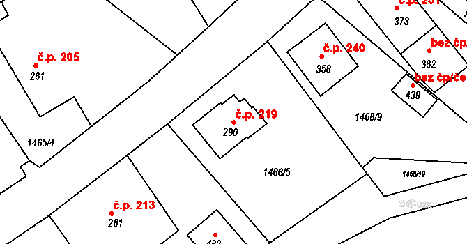 Pocinovice 219 na parcele st. 290 v KÚ Pocinovice, Katastrální mapa