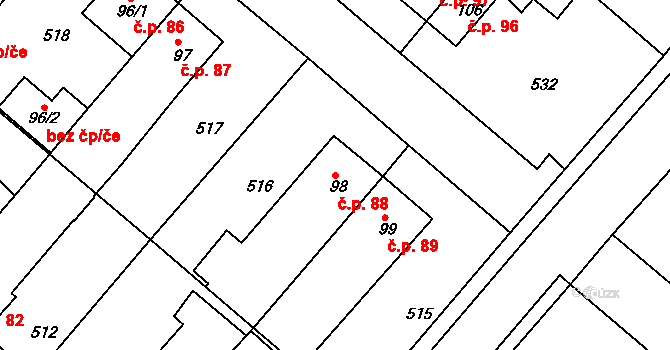 Hrádek 88 na parcele st. 98 v KÚ Hrádek u Rokycan, Katastrální mapa