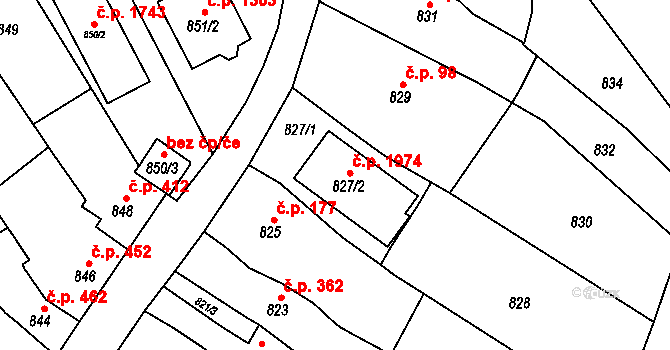 Kuřim 1974 na parcele st. 827/2 v KÚ Kuřim, Katastrální mapa