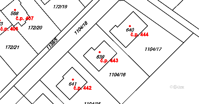 Senice na Hané 443 na parcele st. 639 v KÚ Senice na Hané, Katastrální mapa
