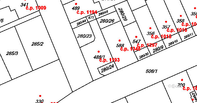 Nový Jičín 1193 na parcele st. 488/1 v KÚ Nový Jičín-Dolní Předměstí, Katastrální mapa