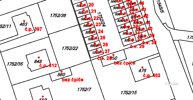 Libouchec 28 na parcele st. 505/9 v KÚ Libouchec, Katastrální mapa