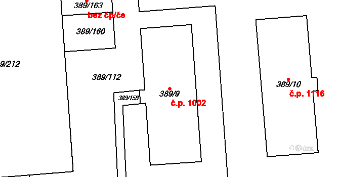 Pohořelice 1002 na parcele st. 389/9 v KÚ Pohořelice nad Jihlavou, Katastrální mapa