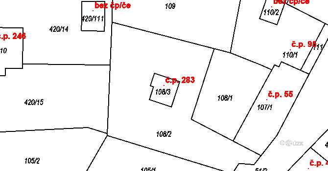 Bdeněves 283 na parcele st. 108/3 v KÚ Bdeněves, Katastrální mapa