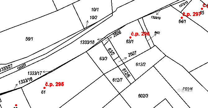 Chlupice 296, Hostěradice na parcele st. 63/3 v KÚ Chlupice, Katastrální mapa