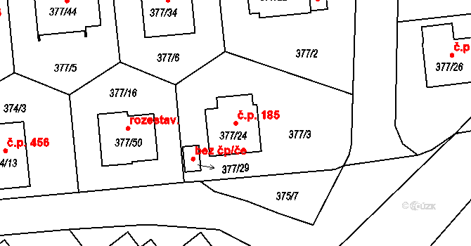 Hrdějovice 185 na parcele st. 377/24 v KÚ Hrdějovice, Katastrální mapa